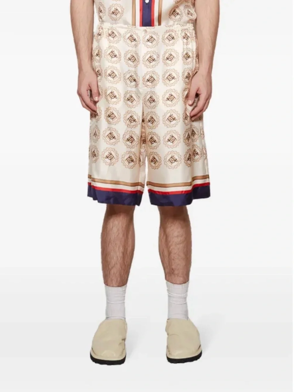 Gucci Beige Silk Graphic-Print Flat Front Shorts with Navy & Red Trim